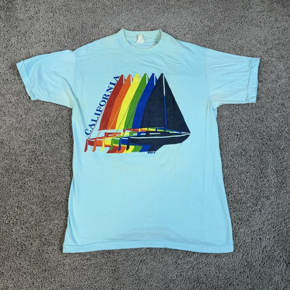 Vintage 80s California Shirt Mens S Blue Sailboat Rainbow Sun Sportswear